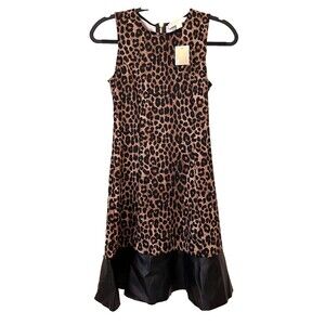 Michael Kors Womens Leopard Print Contrast Faux-Leather Trim Dress NEW size XS